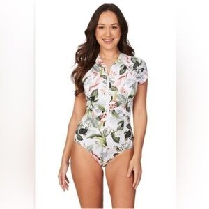 White and Green Tropical One Piece Swimsuit